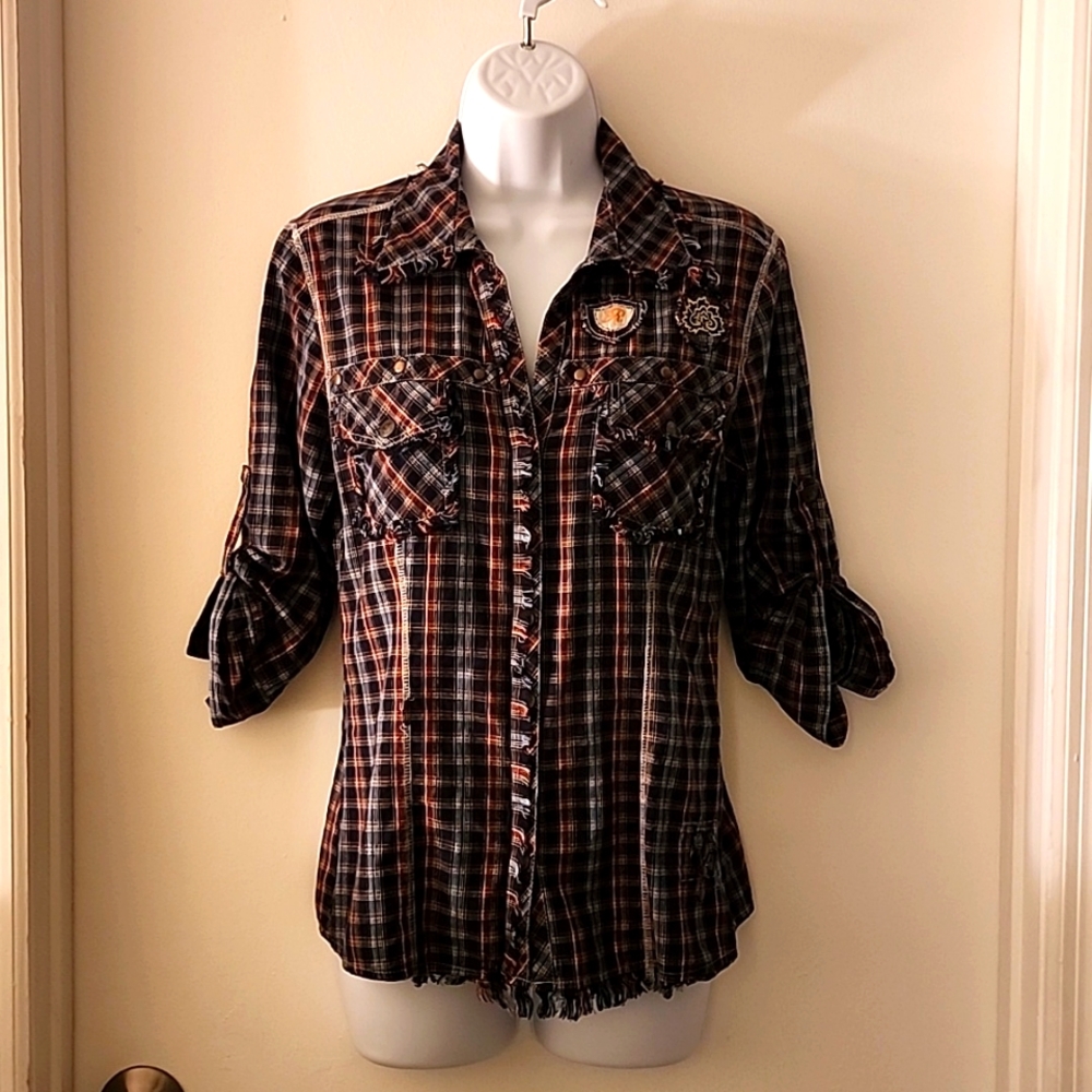 With Love Magazine Distressed Flannel, v-neck, button snap closure, size medium